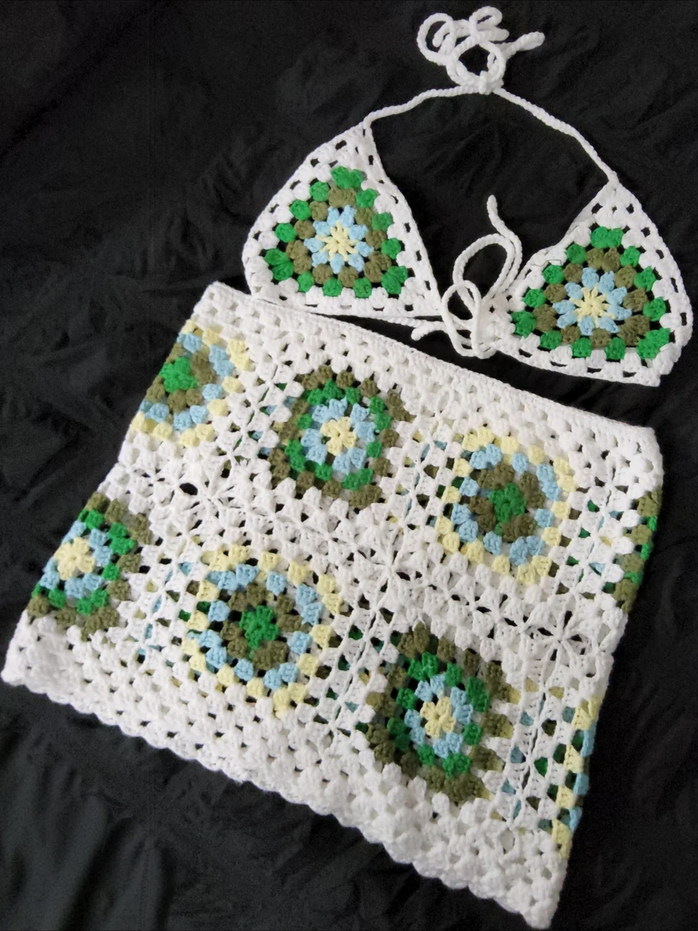 White Crochet Bandeau Bikini Top and Skirt Set with Green Accents